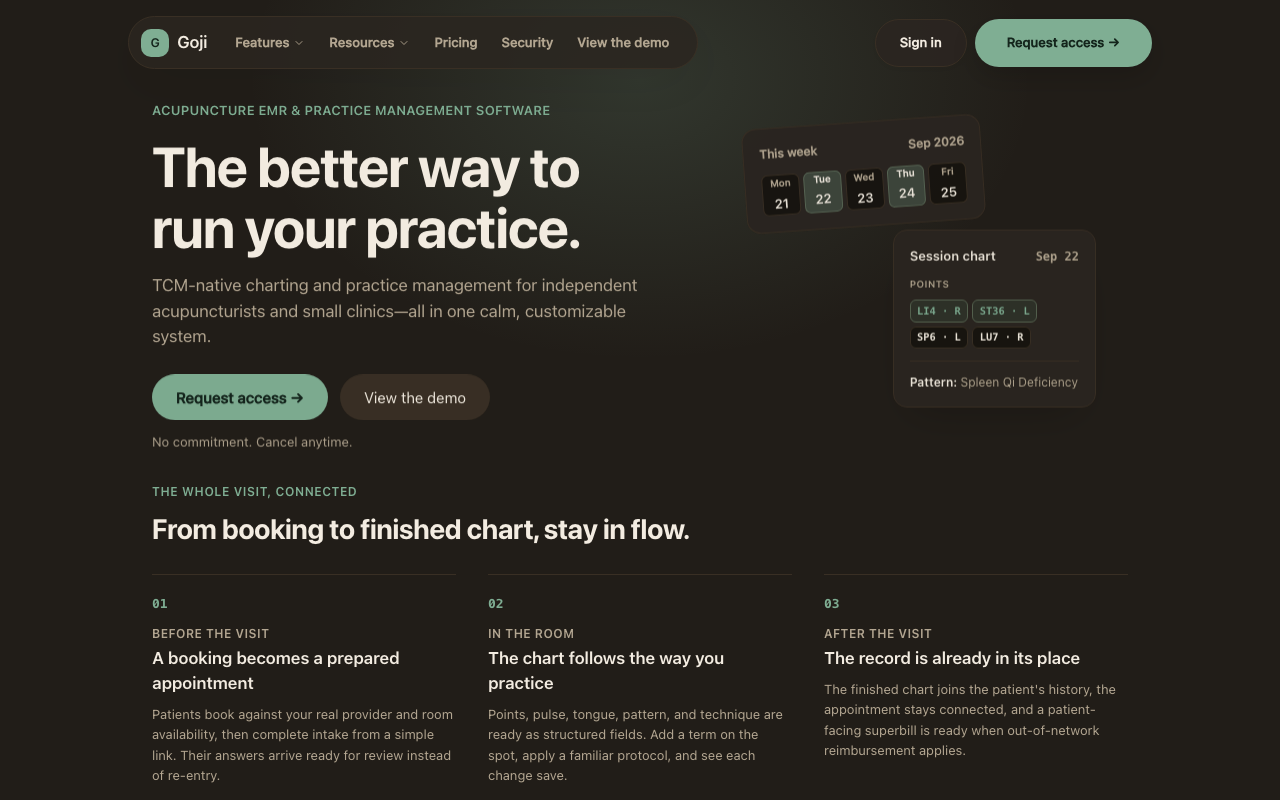 Goji acupuncture practice management homepage